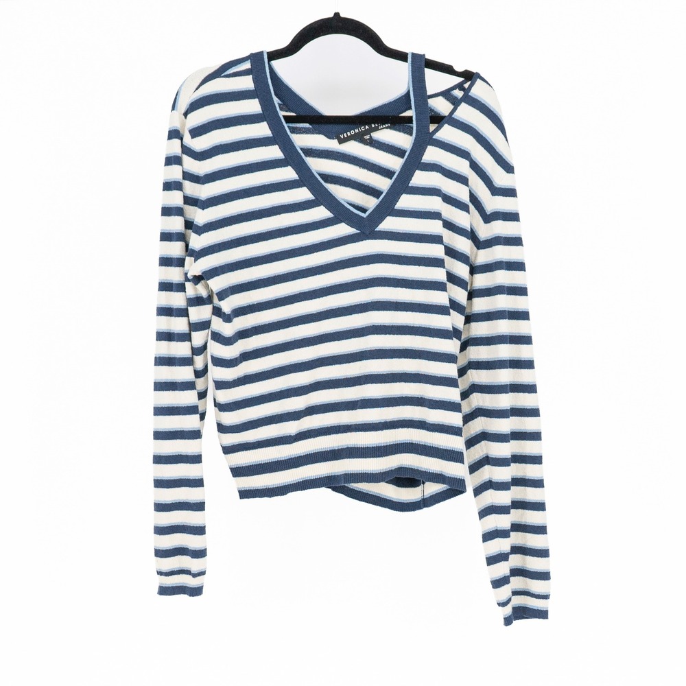 Veronica Beard Cotton Blend Split Neck Off The Shoulder V Neck Sweater Stripe